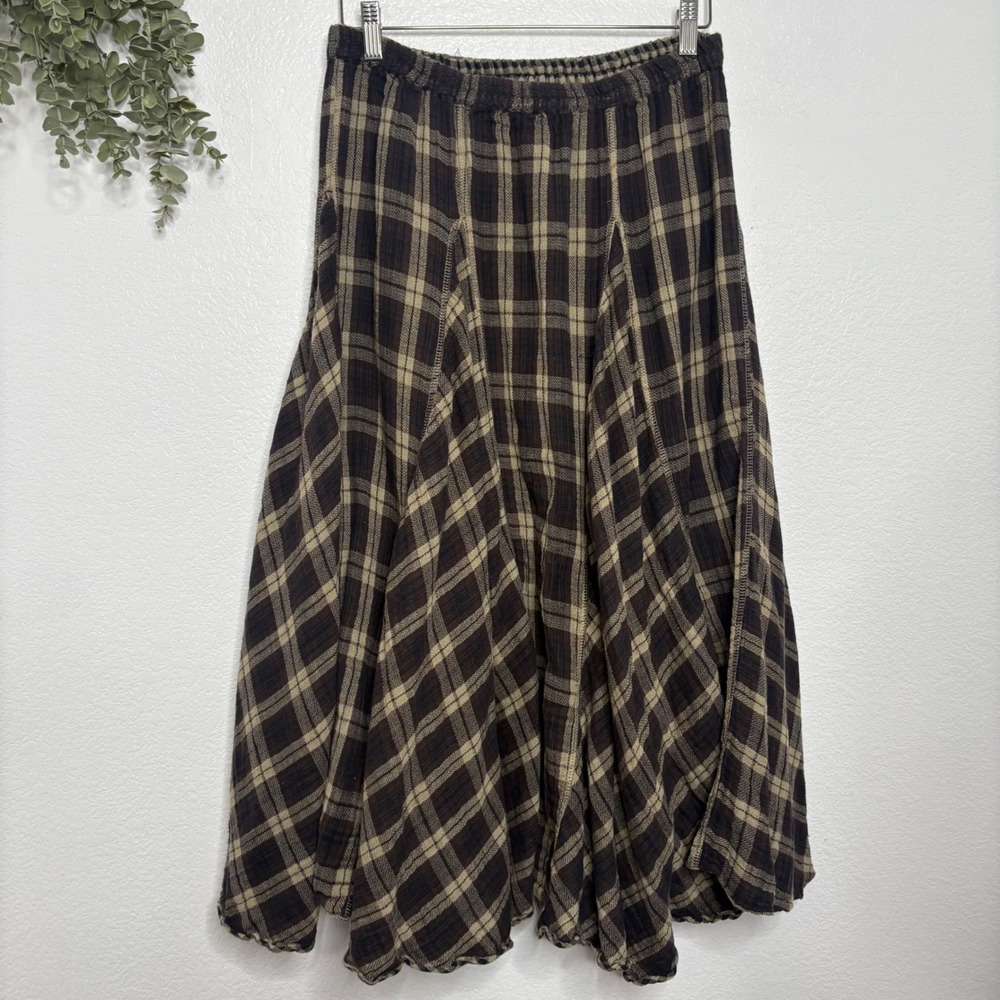 Reversible Gingham Plaid Maxi Skirt Black Tan Elastic Waist Boho - Picture 5 of 7